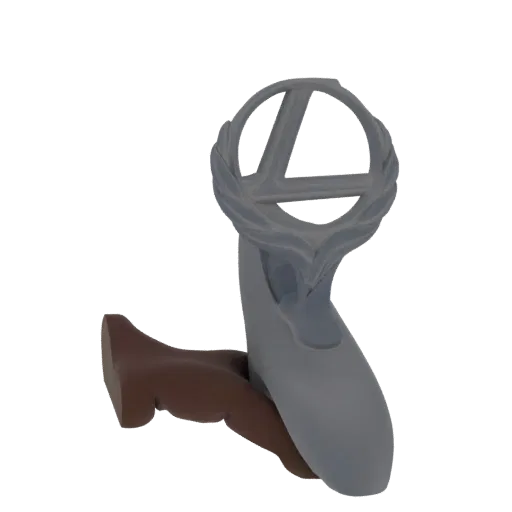 Modelo 3D do troféu Super Smash Bros., apresentando o emblema 'S' dentro de uma coroa de louros em uma base cinza.