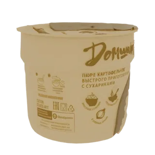 3D model of a Domashnee instant mashed potatoes cup with Cyrillic text and ingredient illustrations.