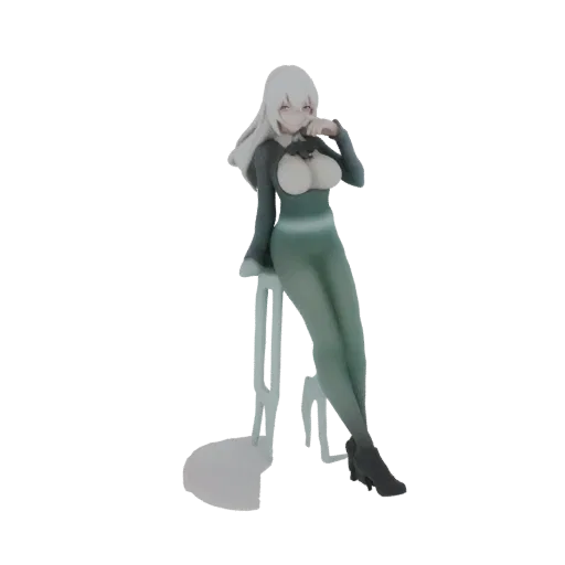 3D model of an elegant woman with white hair in a teal bodysuit, leaning on a light blue stool, with a black background.