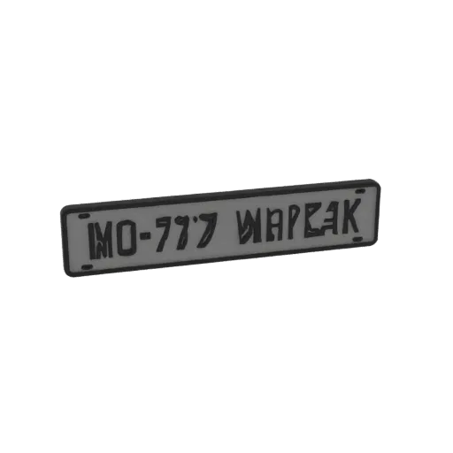 3D model of a license plate with the text 'IMO-777 WAPEAK' in a stylized font, rendered with a metallic finish.