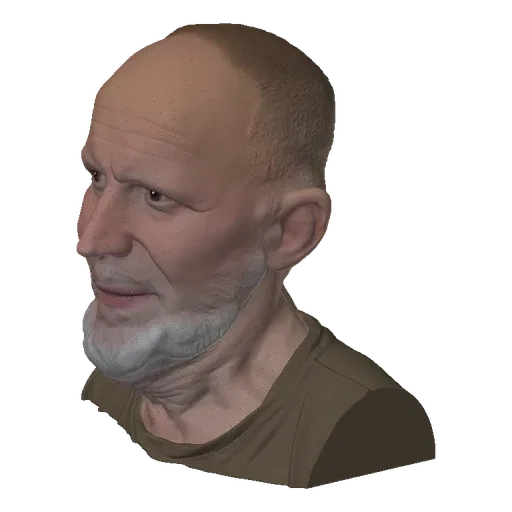 3D model render of an elderly man's bust, profile view, showing his white beard, wrinkles, and brown t-shirt.