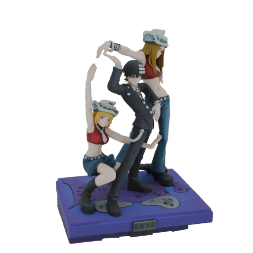 3D model of Maka, Soul, and Blair from Soul Eater in a dynamic action pose on a purple base.