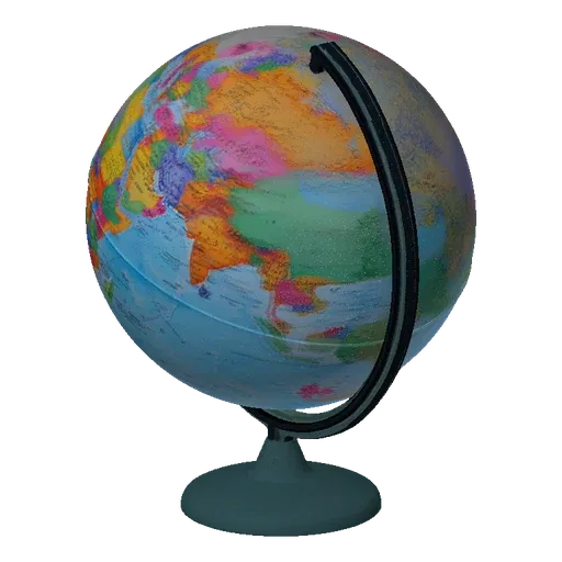 A 3D model of a colorful educational globe with a black stand, showing Africa and Europe prominently.