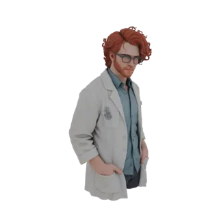 Modello 3D di un dottore dai capelli rossi con occhiali e camice bianco, che tiene uno stetoscopio.