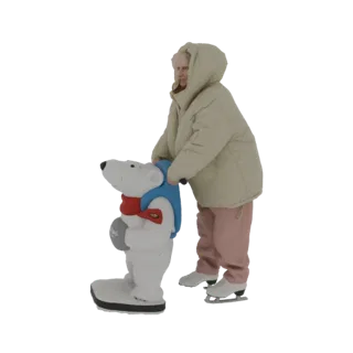 3D model of an elderly woman in a beige winter coat and pink pants, ice skates on, pushing a polar bear ice skating aid.