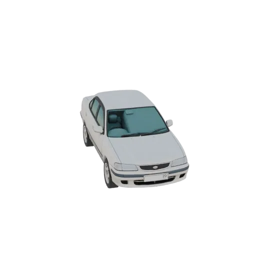 A 3D model of a white sedan with tinted windows, viewed from a slightly elevated angle.