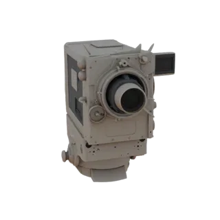 A 3D render of a retro-futuristic camera with a large lens and a small screen on the side, presented against a black backgrou
