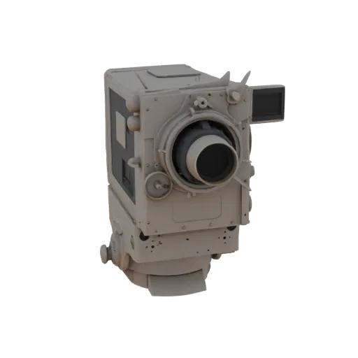 A 3D render of a retro-futuristic camera with a large lens and a small screen on the side, presented against a black backgrou