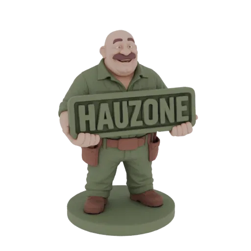 3D model of a cartoon foreman with a bald head and mustache, wearing a green uniform and holding a sign that says "HAUZONE".
