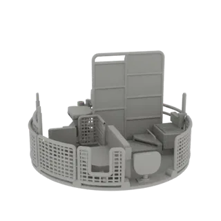 Modello 3D di toilette e box doccia moderni con finitura grigia, che mostra toilette, cabina doccia e partizioni.