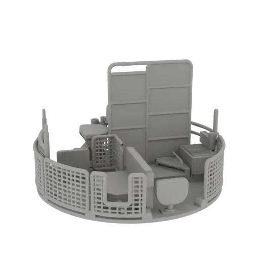 Modello 3D di toilette e box doccia moderni con finitura grigia, che mostra toilette, cabina doccia e partizioni.