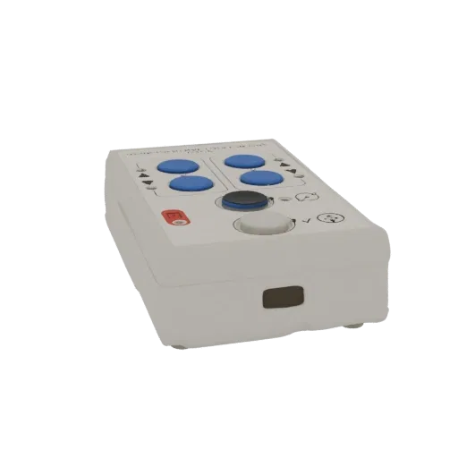3D model render of a white remote control with blue buttons and a central joystick, viewed from a slight angle.