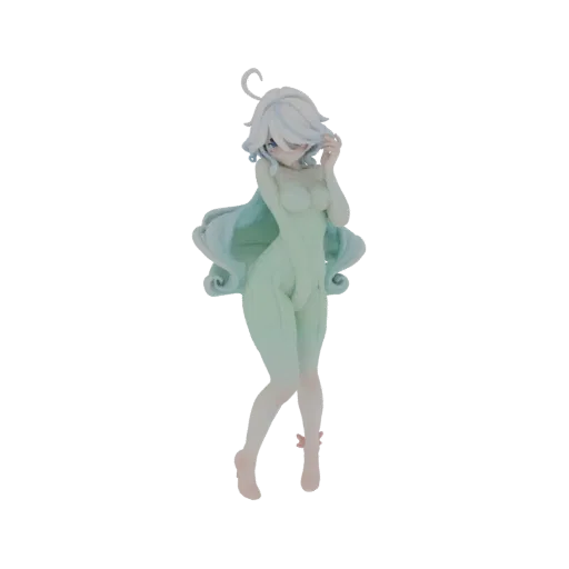 3D model of an ethereal figure with flowing light-blue hair and a pale green translucent garment, in a delicate pose.