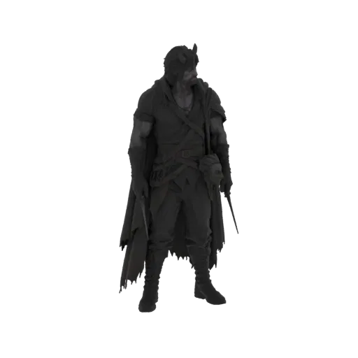 Modello 3D di un personaggio ladro dark fantasy con mantello con cappuccio e due pugnali, in posa minacciosa.