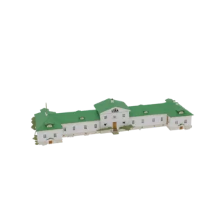 Modelo 3D de una mansión larga y blanca con un techo a dos aguas de color verde brillante, con numerosas ventanas y una entra