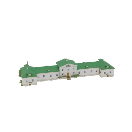 3D model of a long, white manor house with a bright green pitched roof, featuring numerous windows and a central entrance.