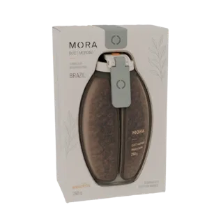 3D model of a Mora Quiet Morning Brazil whole bean coffee bag with visible coffee beans inside.