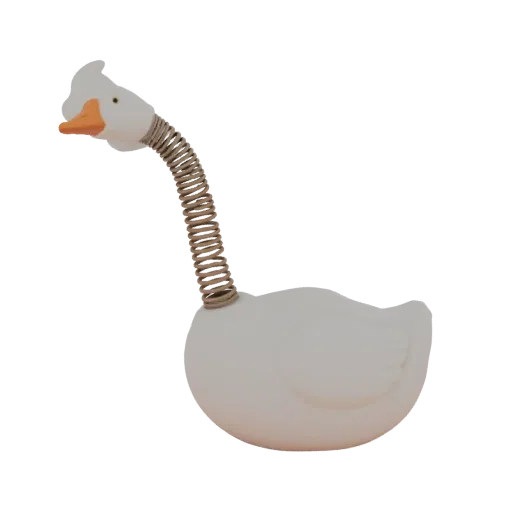 3D-Modell einer weißen Gans mit einem gewickelten Federhals, orangefarbenem Schnabel und spielerischer Pose.