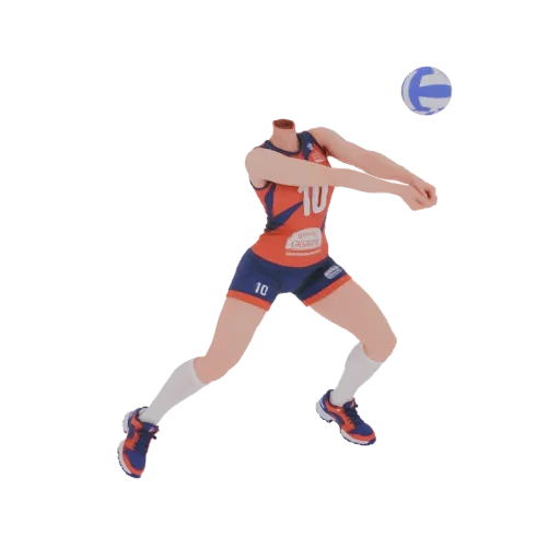 3D model of a headless female volleyball player in a dynamic action pose, wearing a red and blue uniform, with a volleyball i