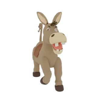 Modelo 3D de un burro de dibujos animados corriendo con la boca abierta y las orejas levantadas, sobre un fondo blanco.