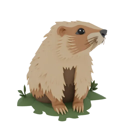 A 3D model of a stylized groundhog, designed to look like papercraft, sitting on a green base.