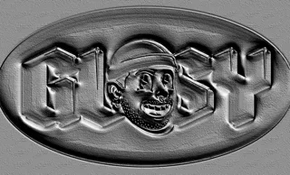 Modelo 3D de baixo relevo com imagem de rosto em bandana e inscrição GLOSY, em estilo monocromático.