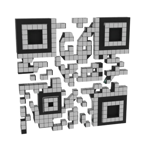 A 3D rendered sculpture of a QR code, composed of interlocking gray and black blocks, creating a textured, layered effect.