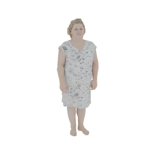 Modello 3D di donna in piedi, con abito bianco a fantasia floreale blu.