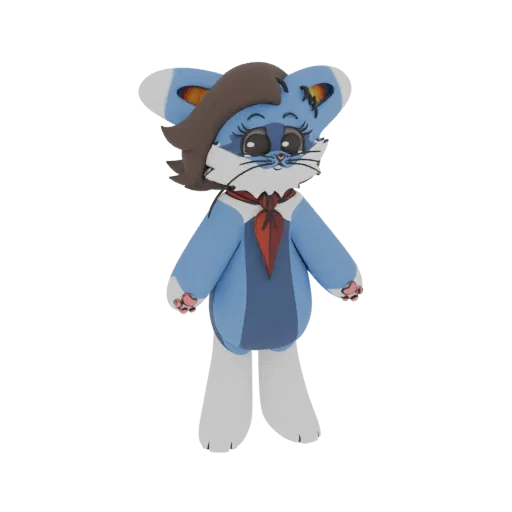 Una renderización 3D de un lindo personaje de gato azul con boina marrón y bufanda roja, de pie con los brazos ligeramente ex