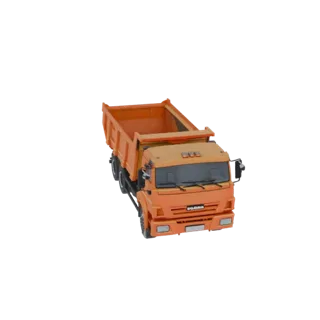 Modelo 3D de um caminhão basculante laranja brilhante com a caçamba ligeiramente levantada, visto de um ângulo frontal de trê