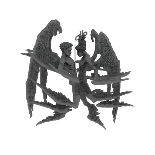 3D model of an angelic male and female figure embracing, surrounded by multiple layers of detailed feathered wings, rendered