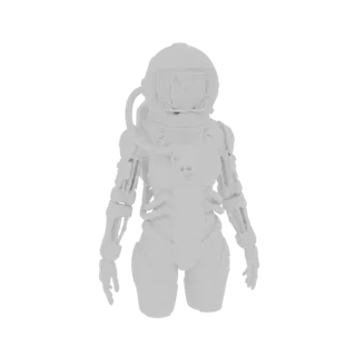 3D render of a white, untextured female astronaut in a detailed sci-fi suit, standing against a white background.