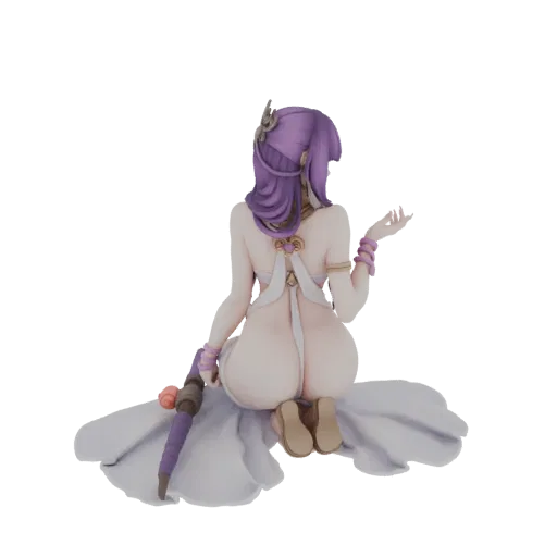 Rear view of a 3D model of a mystical dancer kneeling on white fabric, with purple hair and ornate jewelry.