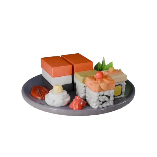 Restaurant Sushi Set Printable 3D model, isometric STL render, showing sauces, plated composition.