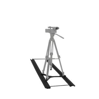 3D model of a professional video camera mounted on a black dolly track, rendered in a light gray material against a black bac