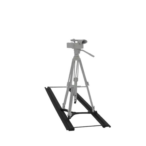 3D model of a professional video camera mounted on a black dolly track, rendered in a light gray material against a black bac