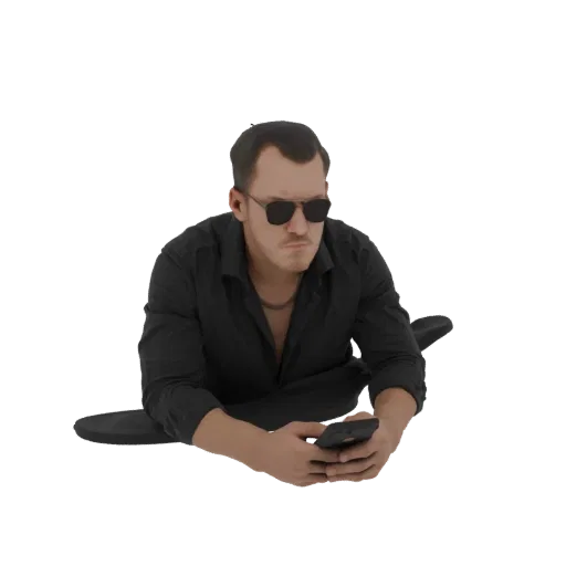 3D model of a man wearing a black shirt and sunglasses, lying down and looking at his smartphone.