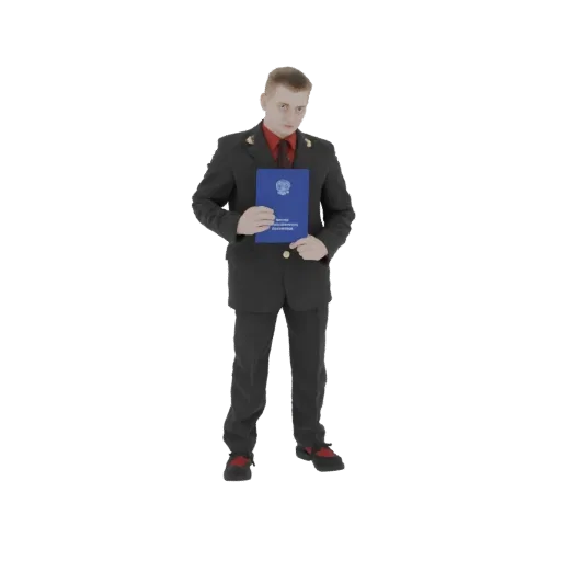 3D model of a young man in a dark military-style uniform, holding a blue document with both hands.