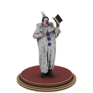 3D-Modell eines lustigen Clowns mit Rüschenkragen und gemustertem Anzug, der einen Zylinder hält und auf einem mehrstufigen S