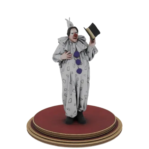 3D model of a whimsical clown wearing a ruffled collar and patterned suit, holding a top hat, standing on a tiered base.