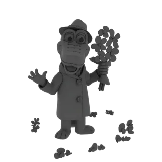3D-Modell einer grauen Enten-Detektivin in Trenchcoat und Hut, die einen Blumenstrauß hält, mit Blütenblättern, die auf dem B