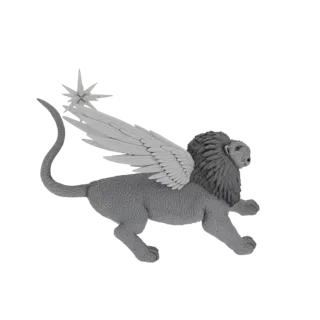 Modèle 3D d'un lion ailé gris avec une étoile au-dessus de ses ailes, capturé dans une pose de course dynamique sur fond blan