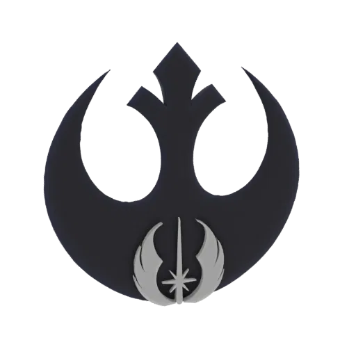 3D render of the Rebel Alliance starbird emblem combined with the Jedi Order symbol, rendered in gray and silver.