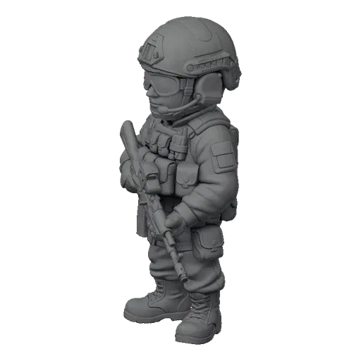 3D model of a chibi soldier wearing a helmet and tactical vest, holding an assault rifle, set against a sandy terrain.