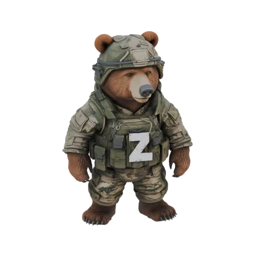 3D model of a brown bear wearing a military helmet and tactical vest with a white 'Z' insignia, standing ready.
