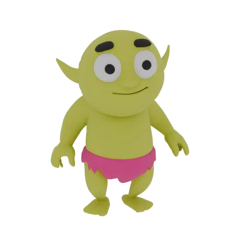 A 3D render of a cute, light green goblin character with large eyes and a pink loincloth, standing against a white background