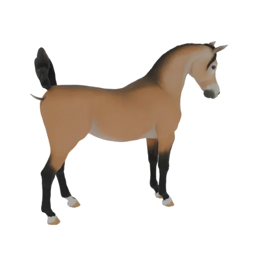 A 3D model of a buckskin horse standing in profile, showcasing its tan coat and dark legs.