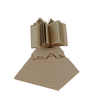 نموذج ثلاثي الأبعاد لهرم بيج مع كتاب مفتوح فوقه، يرمز إلى المعرفة القديمة.
