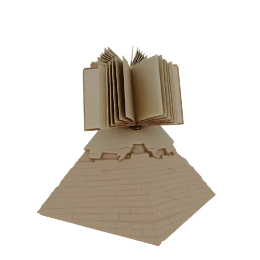 3D model of a beige pyramid with an open book on top, symbolizing ancient knowledge.