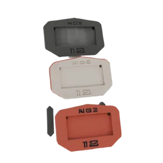A 3D render showing a stack of three industrial warning labels in grey, white, and orange, each with embossed text and a cent